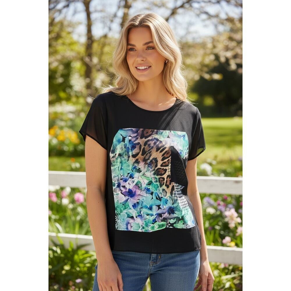 Romeo + Juliet Couture Sheer Black Graphic Blouse XS Floral Leopard Top